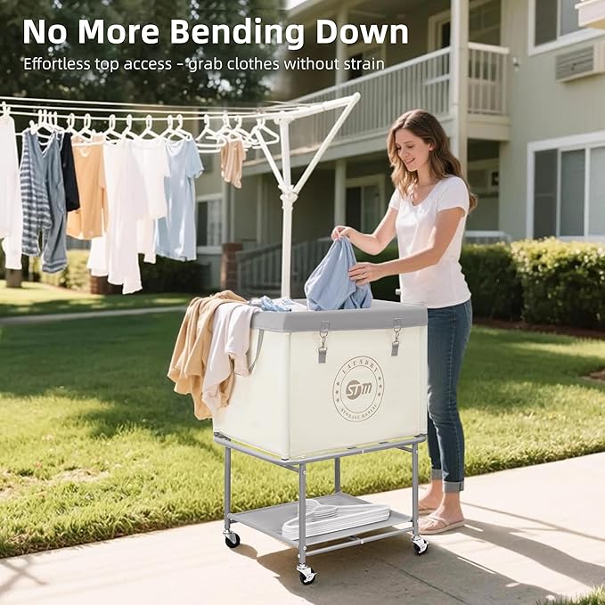 STORAGE MANIAC Rolling Laundry Cart with Storage Shelf, Heavy Duty Industrial Laundry Basket with Wheels, Commercial Metal Frame Clothes Hamper with Canvas Bag for Dorm, Closet, Bedroom, Beige