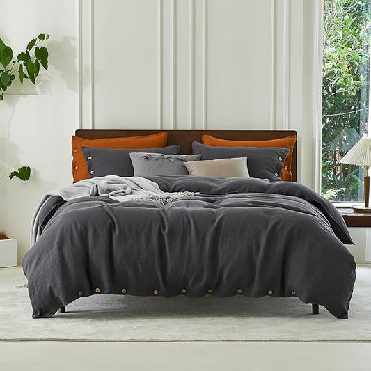 EVERLY100% Pure Linen Duvet Cover Set King Size 104X90Inch 3pcs (1 Duvet Cover,2 Pillowcases) Soft and Breathable for All Season with Coconut Button Closure, Suitable for Hot Sleepers-Dark Grey-King