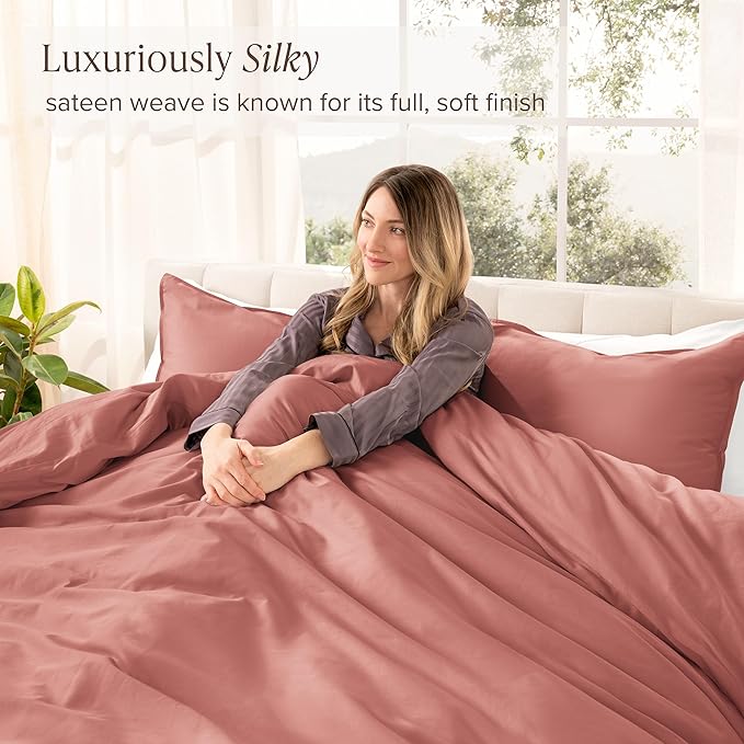 Bare Home 100% Organic Cotton Sateen Duvet Cover Set - Extra Long Size - 400 Thread Count - Smooth Sateen Weave - Warm & Luxurious - Duvet Cover (Twin/Twin XL, Dusty Rose)