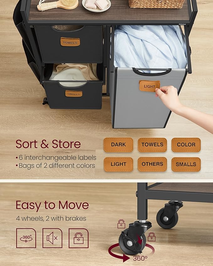 VASAGLE Laundry Hamper with 3 Compartments, 26.4 Gal. (100 L) Laundry Sorter, Rolling Laundry Cart with Shelves, Small Side Pockets, 6 Labels, Chestnut Brown, Ink Black and Dove Gray UBLH202B01