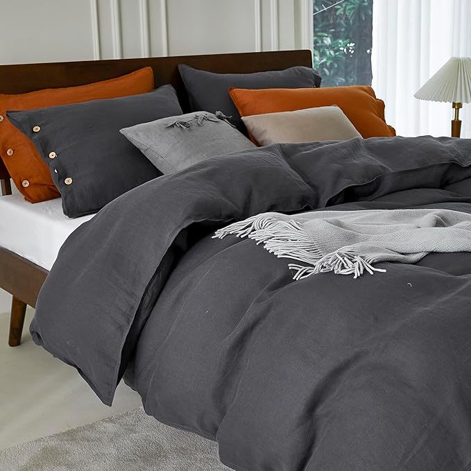 EVERLY100% Pure Linen Duvet Cover Set King Size 104X90Inch 3pcs (1 Duvet Cover,2 Pillowcases) Soft and Breathable for All Season with Coconut Button Closure, Suitable for Hot Sleepers-Dark Grey-King