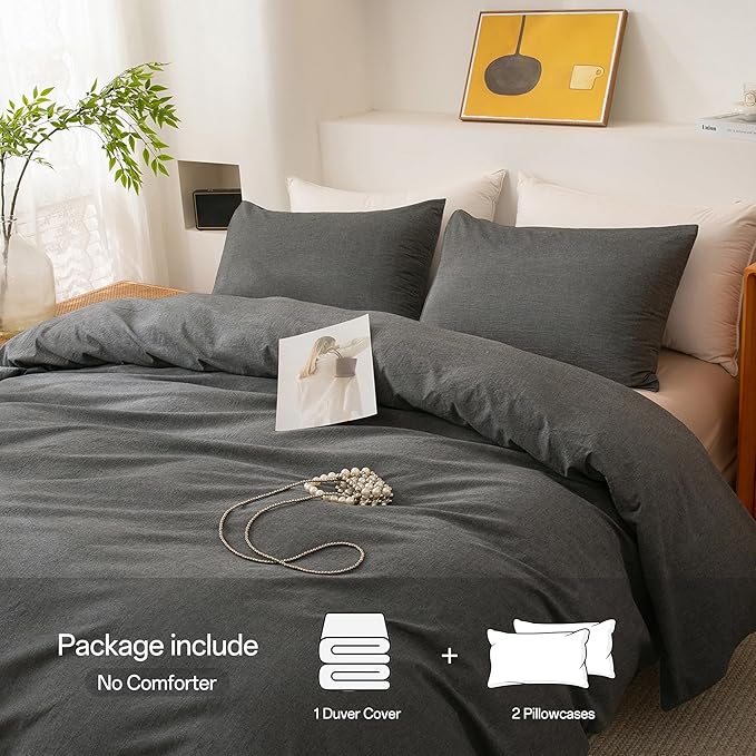 ECOCOTT Grey Duvet Cover King Size, 100% Washed Cotton 1 Duvet Cover with Zipper and 2 Pillowcases, Ultra Soft and Easy Care Breathable Cozy Simple Style Bedding Set (Dark Grey)