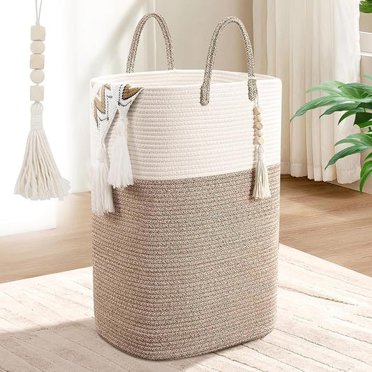 Woven Laundry Basket for Clothes, 50L Large Rectangle Laundry Hampers with Beads Tassel, Nursery Storage Basket for Toys, Tall Dirty Clothes Hamper for Bedroom Aesthetic, Laundry Room Organization