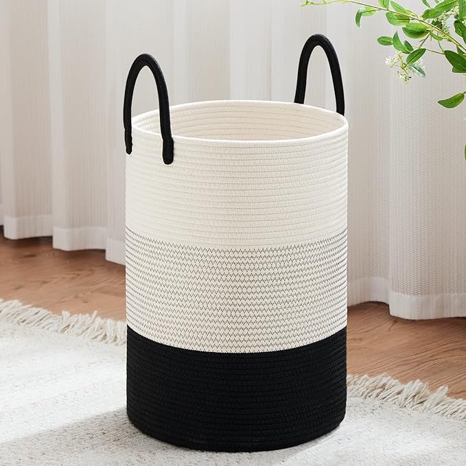 VIPOSCO Large Laundry Hamper, Tall Woven Rope Storage Basket for Blanket, Toys, Dirty Clothes in Living Room, Bathroom, Bedroom - 58L White & Black