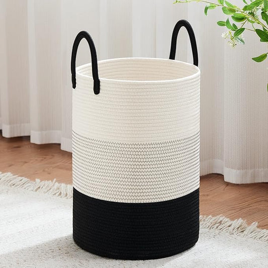 VIPOSCO Large Laundry Hamper, Tall Woven Rope Storage Basket for Blanket, Toys, Dirty Clothes in Living Room, Bathroom, Bedroom - 58L White & Black