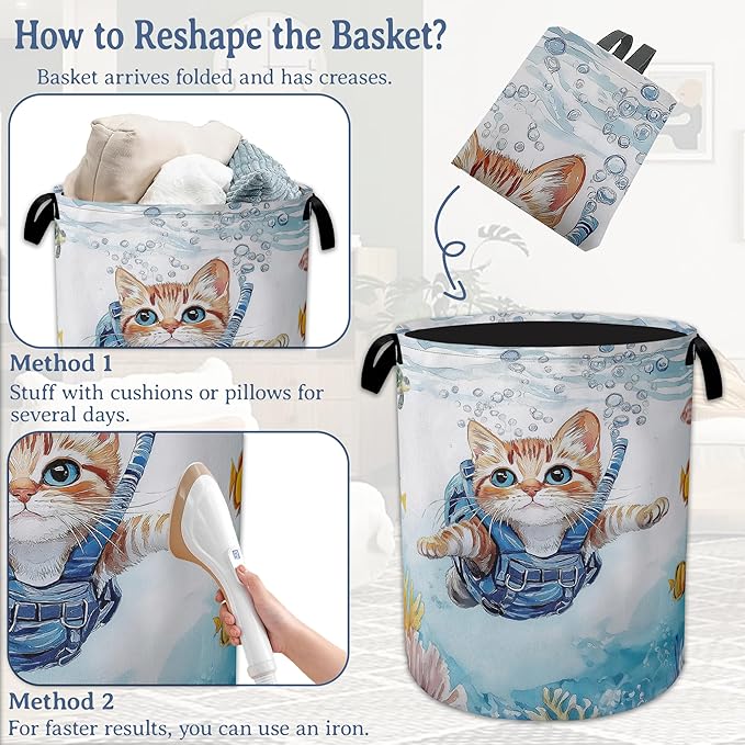 Cute Cat Laundry Basket,Foldable Oxford Cloth Sea Turtle Fish Coral Laundry Hamper with Handles, 20.8"x16" Tote Bag Clothes Storage Bucket for Laundry Room/Bathroom/Bedroom/Dormitories