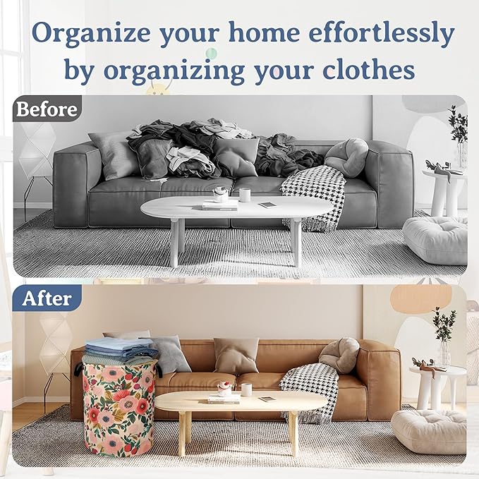 Vintage Flowers Laundry Hamper With Handle,Foldable Oxford Cloth Blossom Vintage Floral Laundry Basket,20.8"x16" Clothes Storage Basket for Laundry Room/Bedroom/Bathroom