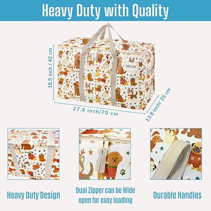 VENO 6 Pack Moving Bags and Large Christmas Storage Bins with lids. Alternative to Moving Boxes, Packing Supplies for College. Extra Large Heavy Duty Totes for Packaging (Holiday Pups, 6 Pack)