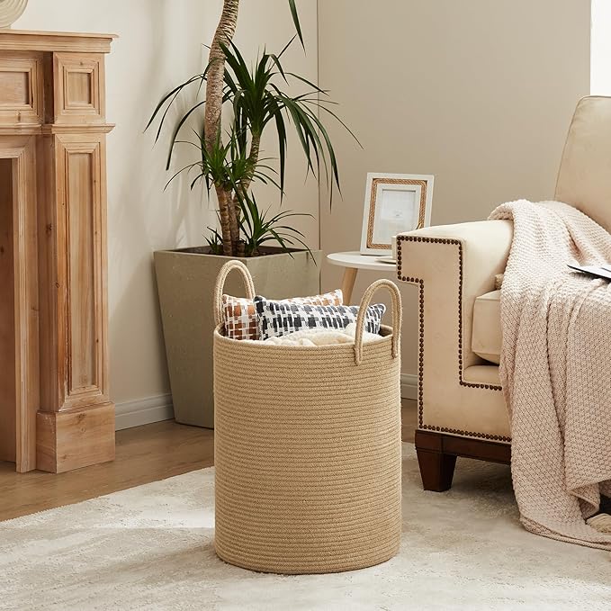 YOUDENOVA Cotton Laundry Hamper, 72L - Woven Collapsible Basket - Jute Brown