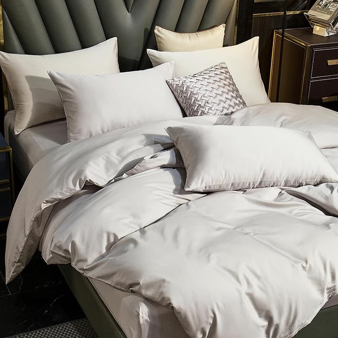 MooMee Duvet Cover Set 100% Extra Long Staple Cotton 600 Thread Count Silky Sateen Smooth Luxury Soft Breathable Durable Hotel Quality Bedding, 3 Pieces (Silver Gray, Queen 90"x90")