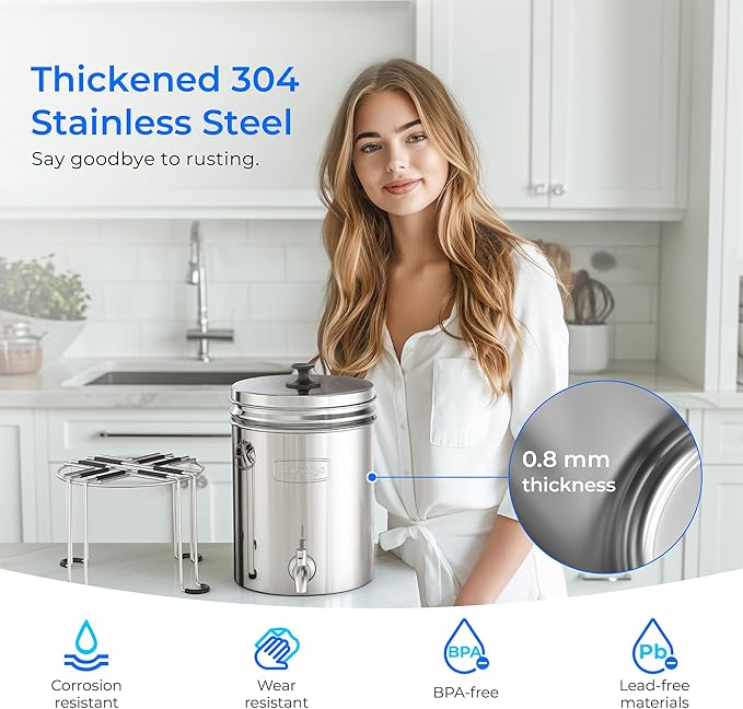 Waterdrop Upgrade Gravity-fed Water Filter System, with Silver Ions Enhanced Filtration, Reduces Fluoride and up to 99% of Chlorine, with 4 Filters and Metal Spigot, 2.25G