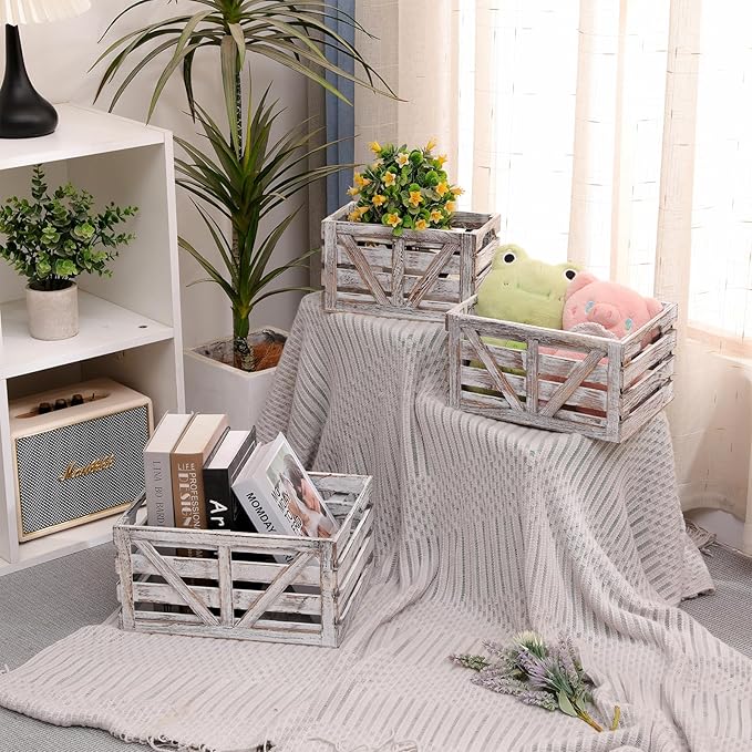 Storage Crate Nesting Wooden Crates with Handles,Set of 3 Rustic Farmhouse Decorative Wood Baskets for Storage,Display,Decor Boxes,(Large,Medium,Small)