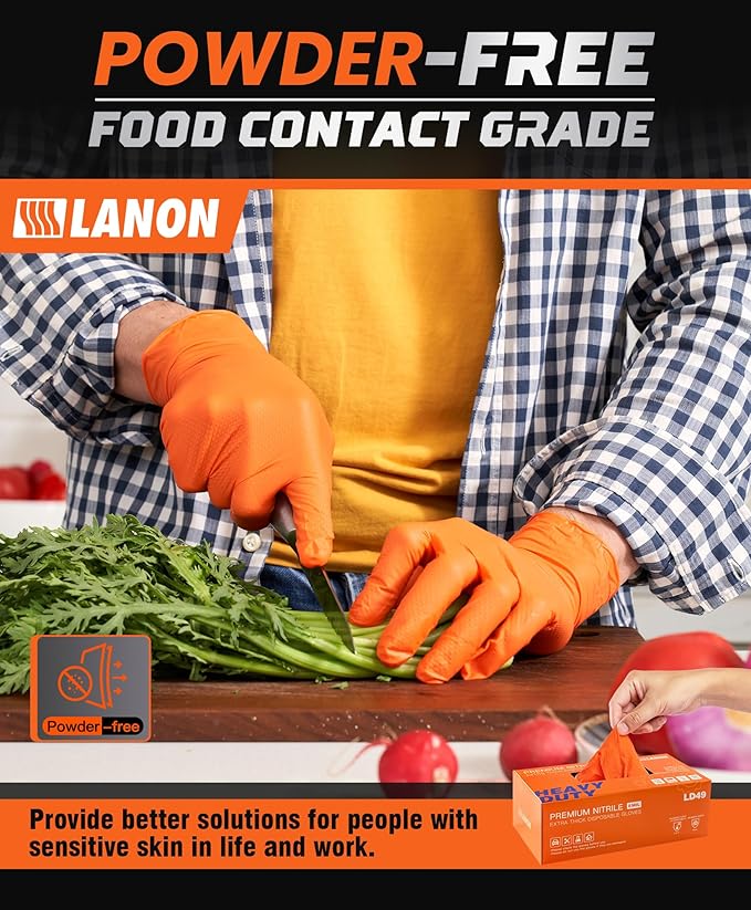 LANON 8mil Orange Disposable Nitrile Gloves, Mechanic, Heavy Duty, Food Safe, Latex Free, Powder Free, Fully-Diamond Textured, Large