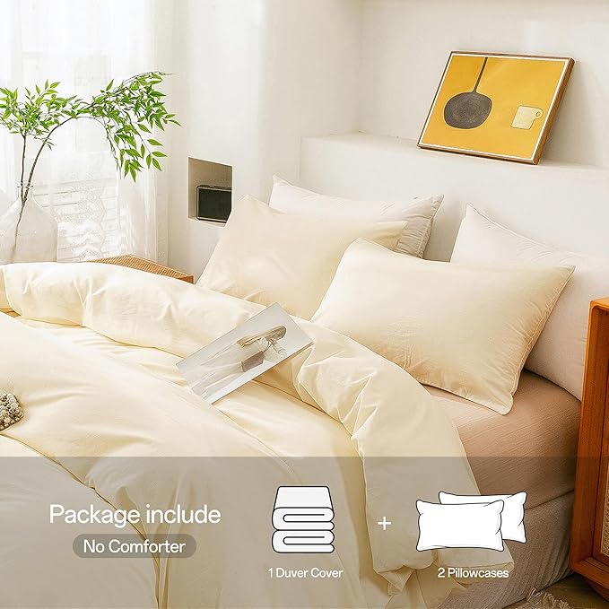 ECOCOTT Duvet Cover King Size - 3 Piece 100% Washed Cotton Bedding Set, Soft & Breathable with Zipper Closure 8 Corner Ties - Comfortable and Stylish for All Seasons (Cream)