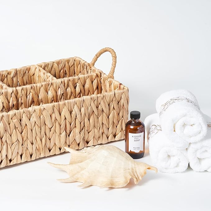 Wicker Basket Divided Storage with Handles - Natural Water Hyacinth Organizer for Diaper Essentials, Kitchen Utensils, Bathroom & Nursery Organization, 4 Compartments