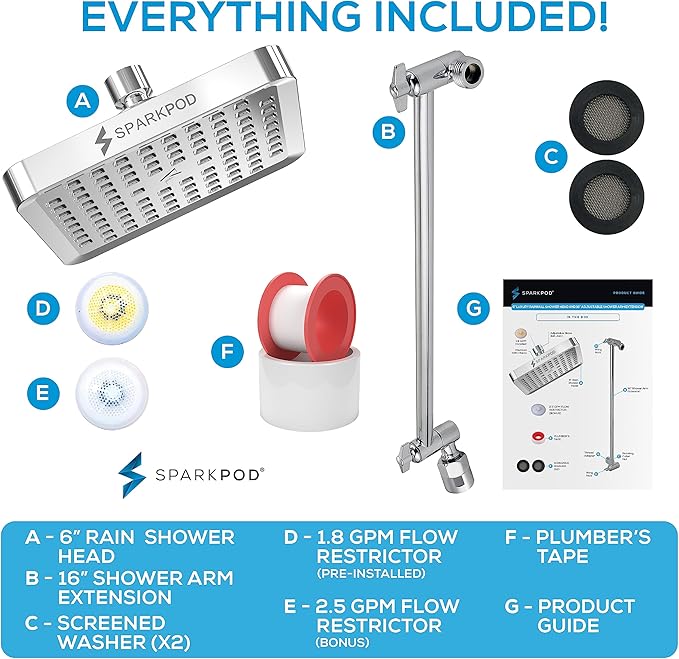 SparkPod Square Rain Shower Head with Shower Head Extension Arm - High Pressure Rain - Luxury Modern Look - No Hassle Tool-less 1-Min Installation (16" Shower Arm Extension, Luxury Polished Chrome)