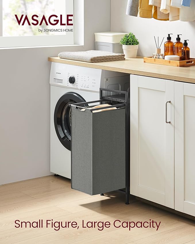VASAGLE Laundry Hamper, Laundry Basket, Laundry Sorter with a Pull-Out and Removable Bag, Shelf, Metal Frame, 12.4 Gallons (47 L), 16.5 x 11 x 29.5 Inches, Slate Gray and Charcoal Gray UBLH001G01
