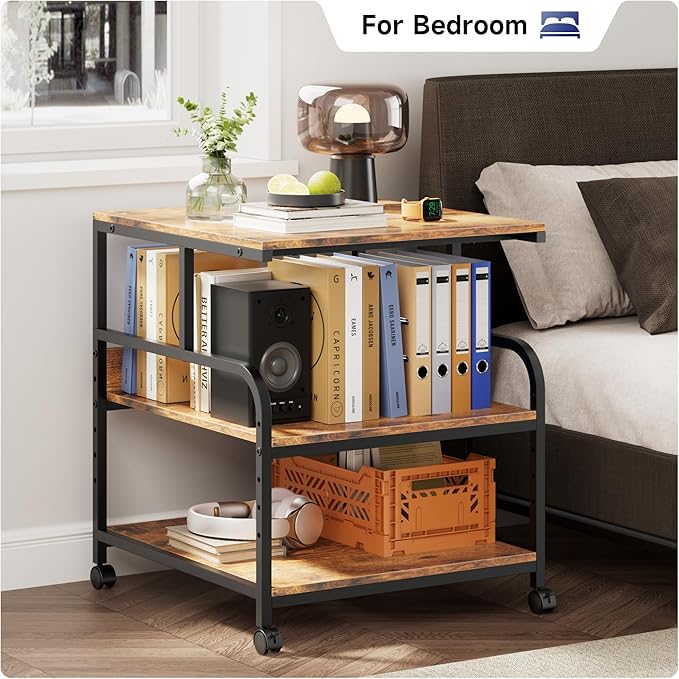 Warmiehomy 24x24 inches Printer Stand with Adjustable Storage Shelf - Large Printer Table with Wheels - 3 Tier Rolling Cart - Use for 3D Laser Printer Mini Fridge Home Office (Brown)