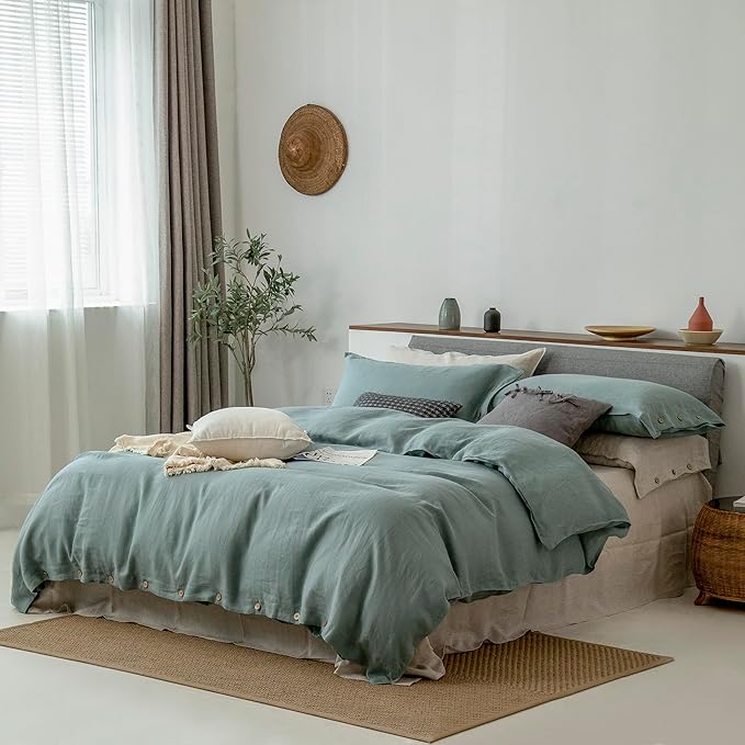 EVERLY 100% Pure Linen Duvet Cover Set King Size 104X90Inch 3pcs (1 Duvet Cover,2 Pillowcases) Soft and Breathable for All Season with Coconut Button Closure, Suitable for Hot Sleepers-Aqua-King