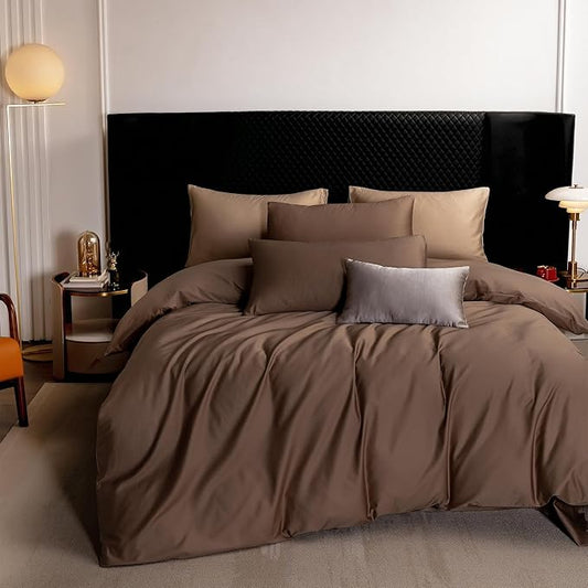 MooMee Duvet Cover Set 100% Extra Long Staple Cotton 600 Thread Count Silky Sateen Smooth Luxury Soft Breathable Durable Hotel Quality Bedding, 2 Pieces (Chocolate Brown,Twin 68"x90")