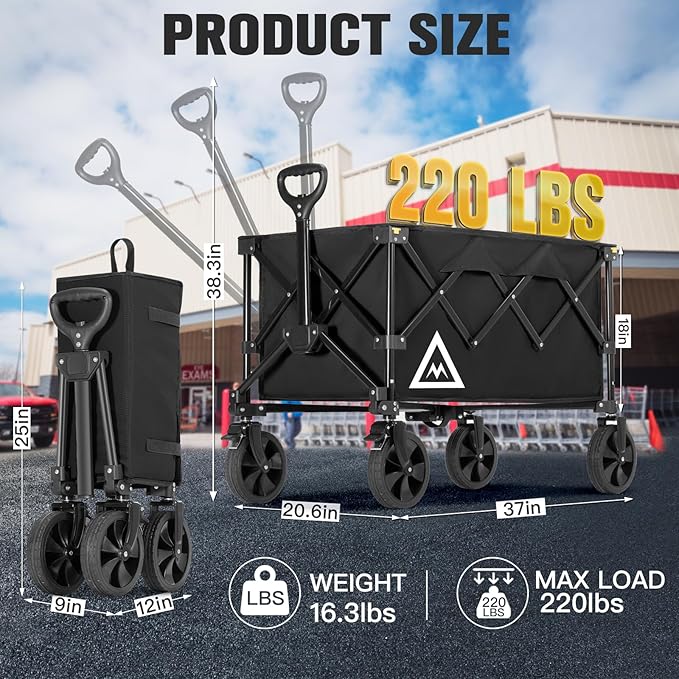 Wagon Cart Shopping Foldable Folding Collapsible with Wheels Big On Beach Garden Outdoor Grocery Heavy Duty Utility All Terrain Portable Wagons Carts for Groceries Sand Camping Sports Black