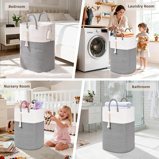 Woven Laundry Basket for Clothes, 50L Large Rectangle Laundry Hampers with Beads Tassel, Nursery Storage Basket for Toys, Tall Dirty Clothes Hamper for Bedroom Aesthetic, Laundry Room Organization