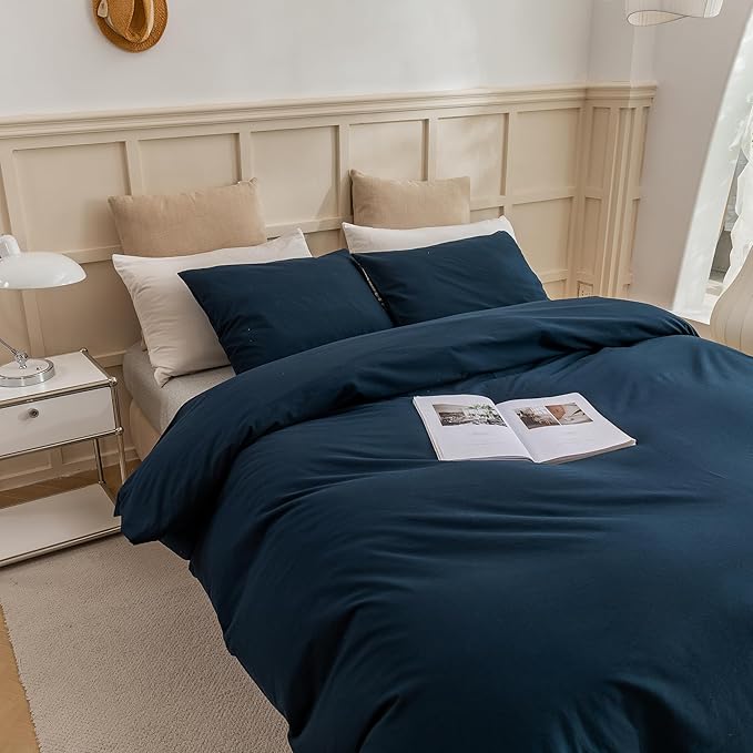ECOCOTT Navy Blue Duvet Cover Full, 100% Washed Cotton 3 Piece Bedding Set 1 Comforter Cover with Zipper and 2 Pillowcases, Ultra Soft and Easy Care Breathable Duvet Cover