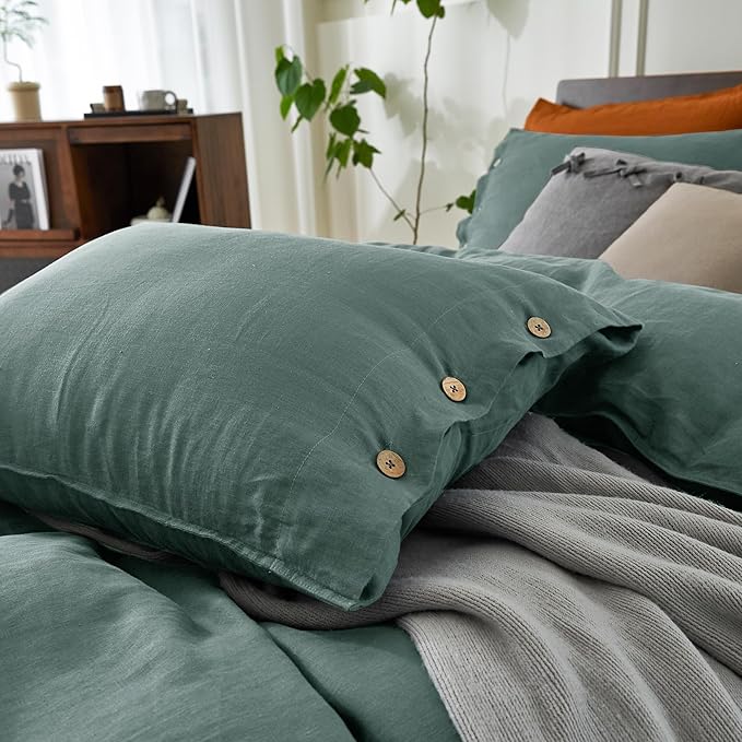 EVERLY 100% Pure Linen Duvet Cover Set California King Size 104X98Inch 3pcs (1 Duvet Cover,2 Pillowcases) Soft and Breathable for All Season with Coconut Button Closure,Suitable for Hot Sleepers-Aqua