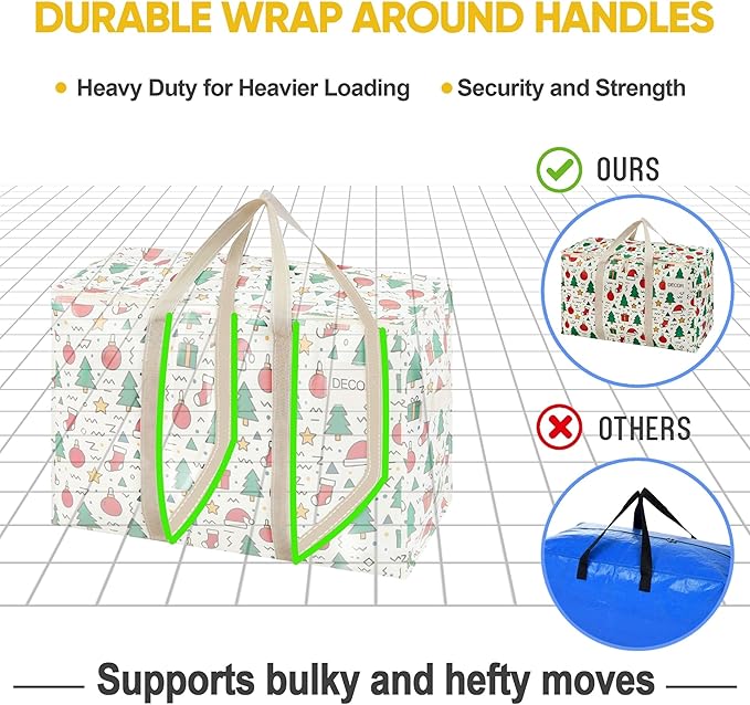 VENO 6 Pack Moving Bags and Large Christmas Storage Bins with lids. Alternative to Moving Boxes, Packing Supplies for College. Extra Large Heavy Duty Totes for Packaging (Jingle Mix, 6 Pack)