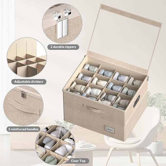 FHSQX Shoe Organizer for Closet,Fits 12 Pair,Shoe Storage Bins with Clear Cover & Adjustable Dividers for Shoes,Shoe Box Storage for Handbags,Blankets,Linen,Clothing (Beige, (19.7 * 15.7 * 13) x1)