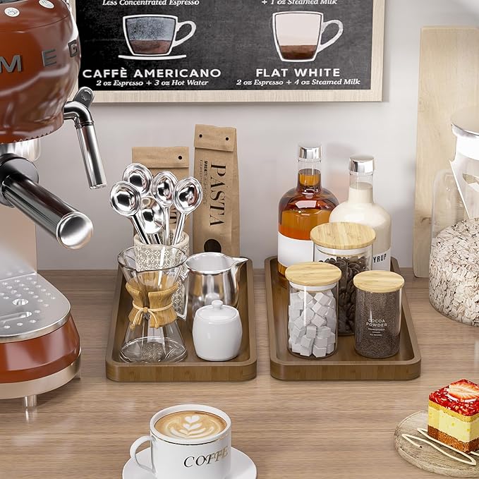 Weenson Bathroom Vanity Tray for Countertop Makeup Jewelry Perfume Decor Candle, Bamboo Kitchen Tray for Soap Dispenser Spice Salt Oil, Brwon Tray for Toilet Tank Coffee Nightstand Set of 2