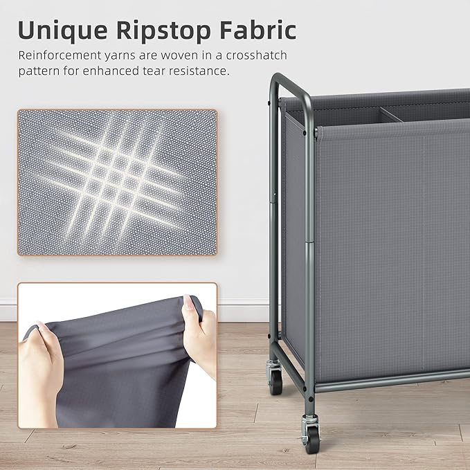 STORAGE MANIAC Rolling Laundry Hamper, 165L Laundry Basket with Lockable Wheels, Triple Clothes Sorter Cart, 3 Bag Clothes Separator Hamper for Closet, Bathroom, Laundrys Room, 3 Section Gray