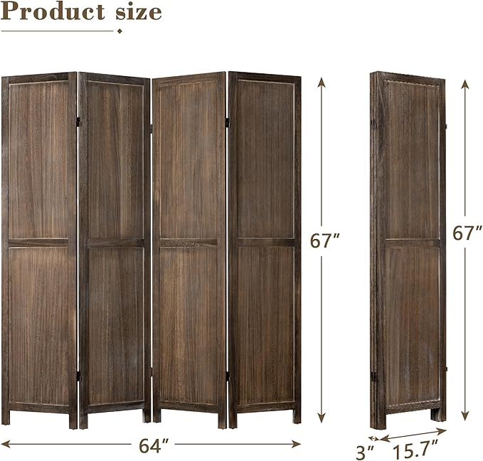 WelFurGeer 4 Panel Room Divider Screen - 360° Adjustable Folding Panels for Privacy, Bedroom, Living Room & Patio, Handcrafted Decorative Room Divider, Freestanding Divider for Room Separation (Brown)