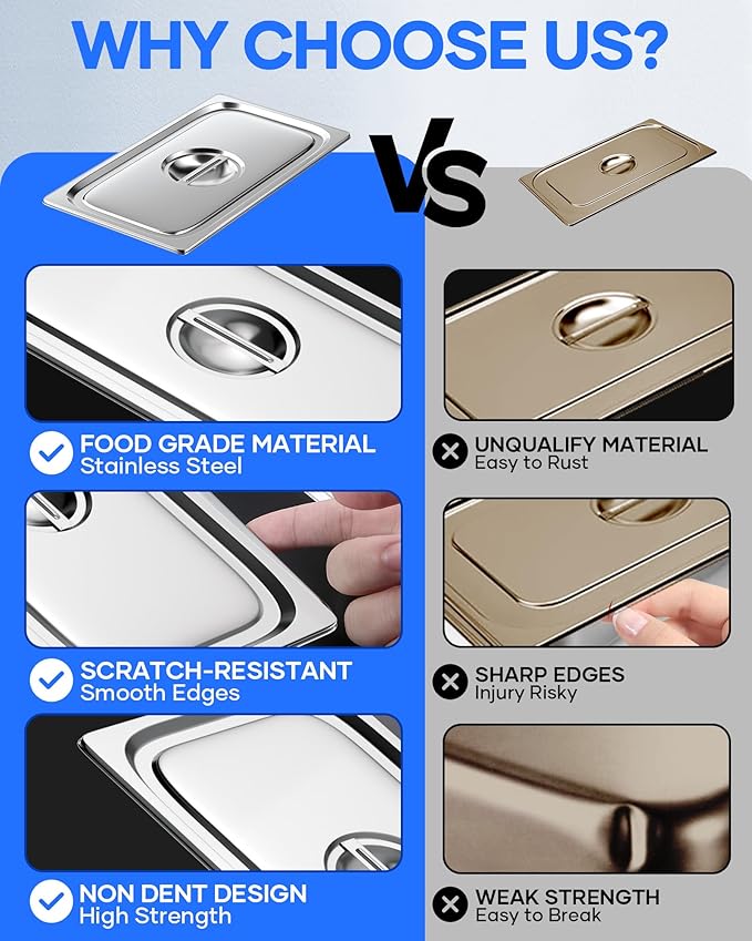 WantJoin Steam Table Hotel Pan Lids - 6 Pack 1/1 1/2 1/3 Full Half Third Size Notched Slotted Cover with Handle for Stainless Steel Metal Tray Set Food Storage Container Commercial Restaurant Warmer