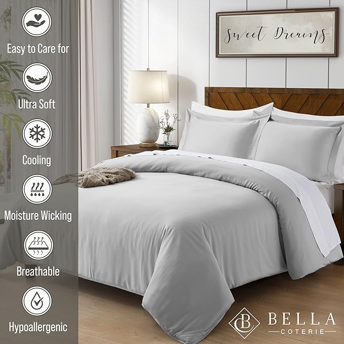 Bella Coterie Luxury Bamboo Viscose Queen Size Duvet Cover Set | 100% Organically Grown | Corner Ties | Ultra Soft | Cooling | Two Pillow Shams | 90 x 94 | No Insert [Grey Mist]