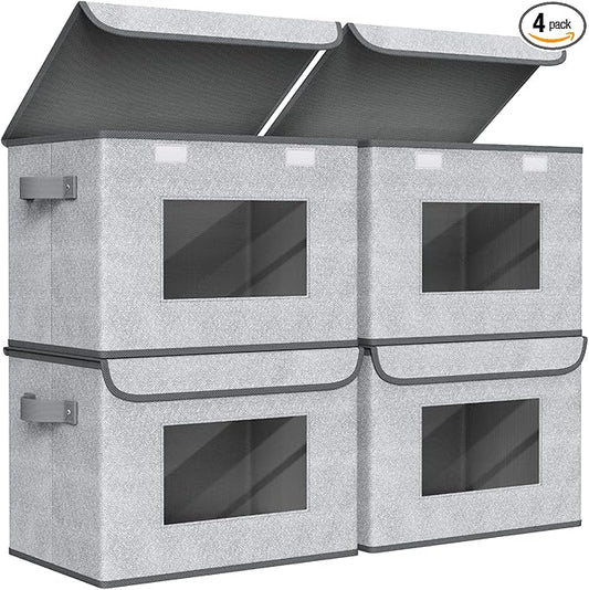 Univivi Fabric Foldable Storage Boxes [4-Pack] Large Collapsible Stackable Storage Bins with Lids, Closet Organizers and Storage Cube Basket for Home, Office, Bedroom (Gray, 17“ x 12” x 12")