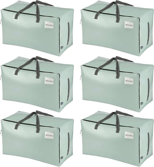 VENO 6 Pack Moving and Storage Bags, Heavy Duty, Alternative to Moving Boxes, Large Packing Totes Supplies for College Dorm Room with Zipper for Clothes, Wide Open Design (Shiny Light Green, 6 Pack)