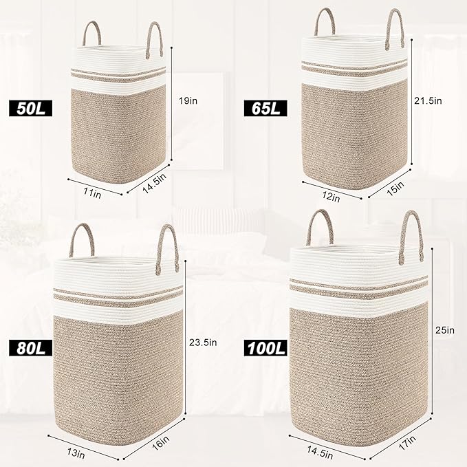 Woven Laundry Basket for Clothes, 100 L Large Rectangle Laundry Hampers, Nursery Storage Basket for Toys, Tall Dirty Clothes Hamper for Bedroom Aesthetic, Bathroom, Laundry Room