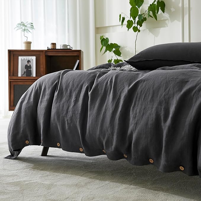 EVERLY 100% Pure Linen Duvet Cover Set Oversized King120X98Inch 3pcs (1 Duvet Cover,2 Pillowcases) Soft and Breathable for All Season with Coconut Button Closure, Suitable for Hot Sleepers-Dark Grey