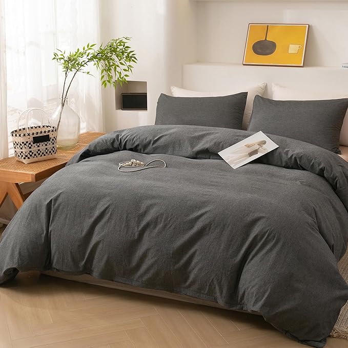 ECOCOTT Grey Duvet Cover King Size, 100% Washed Cotton 1 Duvet Cover with Zipper and 2 Pillowcases, Ultra Soft and Easy Care Breathable Cozy Simple Style Bedding Set (Dark Grey)