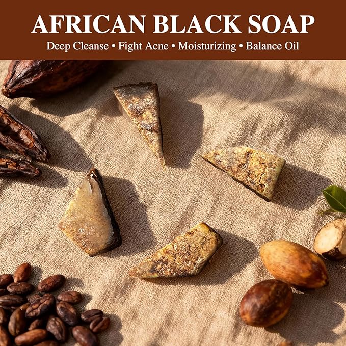 African Black Soap, 100% Pure & Natural, With Raw Shea Butter, Palm Kernel Oil and Cocoa Pods Ash for Dry & Oily Skin Care, Supports Acne & Eczema Treatment, 1 LB (16 oz)