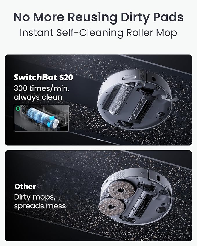 SwitchBot S20 Robot Vacuum and Mop with Matter, 10000Pa Suction, Roller Mop, AI Navigation, Auto Mop Wash & Dry, Self-Emptying, Works with AppleHome, Alexa, GoogleHome, for Pet Hair, Carpet, Floors