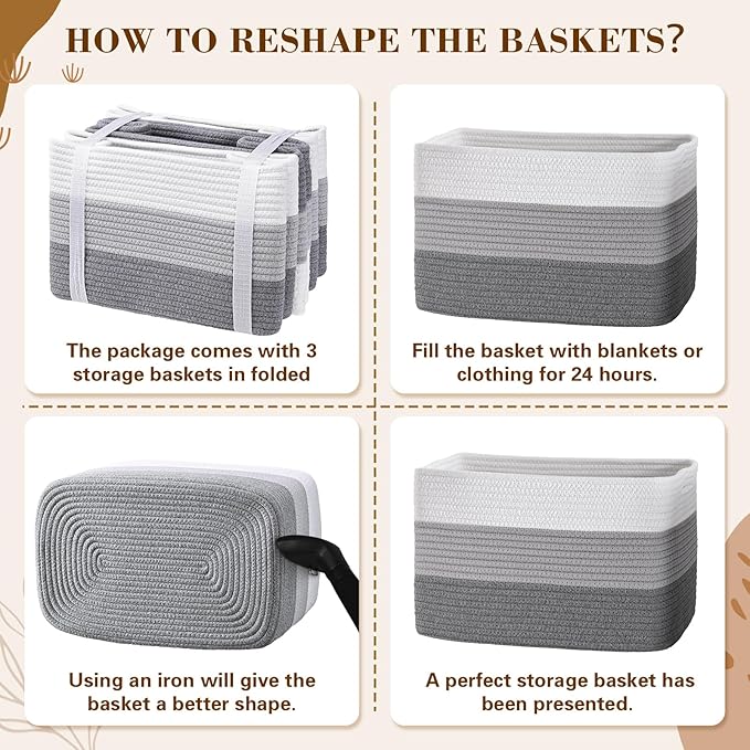 Woven Storage Baskets, Baskets for Organizing, 3 Pack Woven Basket for Storage, Decorative Storage Bins Baskets for Shelves, Towel, Toy, Book, Closet, Baby 14.96"×9.8"×8.85"