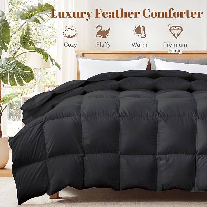 Cosybay King Size Feather Down Fiber Comforter - All Season Black 100% Cotton Duvet Insert - Luxury Medium Warmth Hotel Bedding Comforter, Fluffy and Cozy -King 106 x 90 Inch