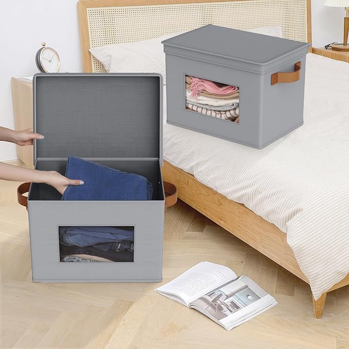 Univivi Storage Bins with Lids Collapsible Foldable Closet Storage Boxes for Clothes [3-Pack] Containers boxes with Handles Closet Storage for Home, Office, Bedroom (Grey,17" x 12"x 12")