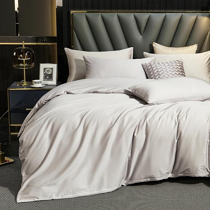 MooMee Duvet Cover Set 100% Extra Long Staple Cotton 600 Thread Count Silky Sateen Smooth Luxury Soft Breathable Durable Hotel Quality Bedding, 3 Pieces (Silver Gray, Queen 90"x90")