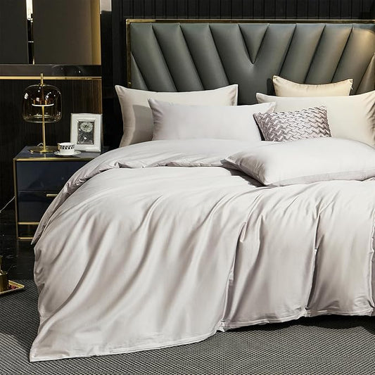 MooMee Duvet Cover Set 100% Extra Long Staple Cotton 600 Thread Count Silky Sateen Smooth Luxury Soft Breathable Durable Hotel Quality Bedding, 3 Pieces (Silver Gray, Queen 90"x90")