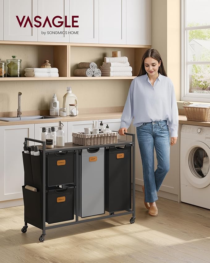 VASAGLE Laundry Hamper with 4 Compartments, 39.6 Gal. (150 L) Laundry Sorter, Rolling Laundry Cart with Shelves, Small Side Pockets, 6 Labels, Chestnut Brown, Ink Black and Dove Gray UBLH203B01