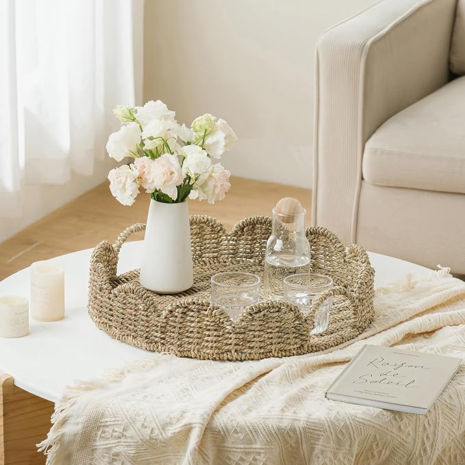 Wicker Tray, Handwoven Woven Tray with Handles and Scalloped Edge, Round Wicker Basket for Home Decor and Organizing, 16.9" L x 16.9" W x 3.5" H