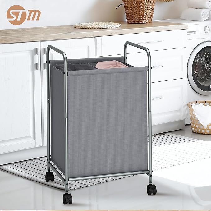 STORAGE MANIAC Rolling Laundry Hamper, 100L Laundry Basket with Lockable Wheels, Double Clothes Sorter Cart, 2 Bag Clothes Separator Hamper for Closet, Bathroom, Laundrys Room, 2 Section Gray